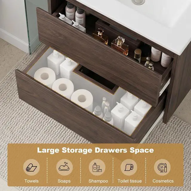 Alt view image 5 of 6 - Wall Mounted Bathroom Vanity 24" - Walnut, Two Slide Drawers, Engineered Wood Single Sink Cabinet
