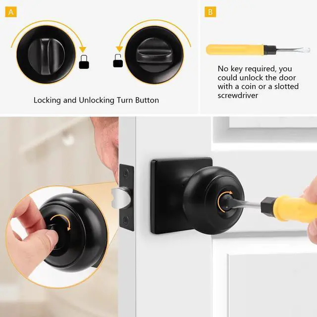 Alt view image 4 of 6 - Colonial Privacy Door Knobs with Square Rosette, Black Interior Bath/Bed Door Locks, 10 Pack