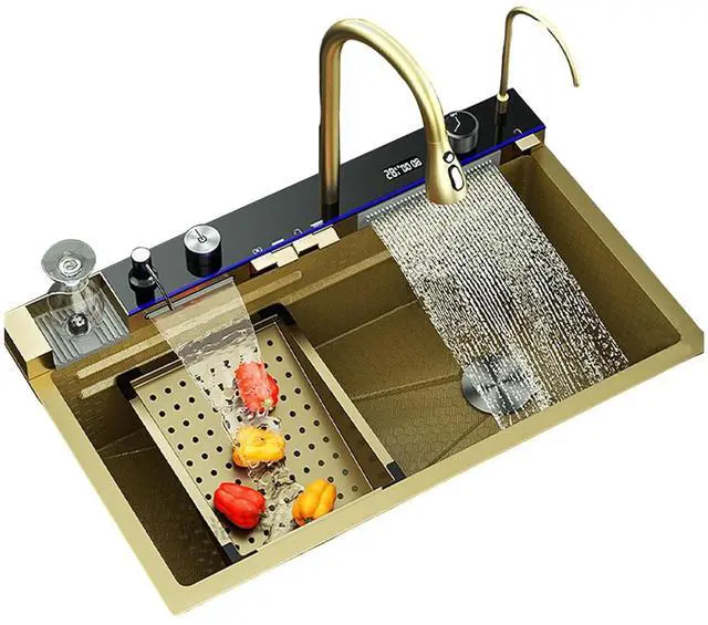 Main image of 29.5 INCH Digital Display Embossed Stainless Steel Gold Raindance Waterfall Sink with Pressurized Cup Washer and Two Waterfalls 29.5x18 INCH