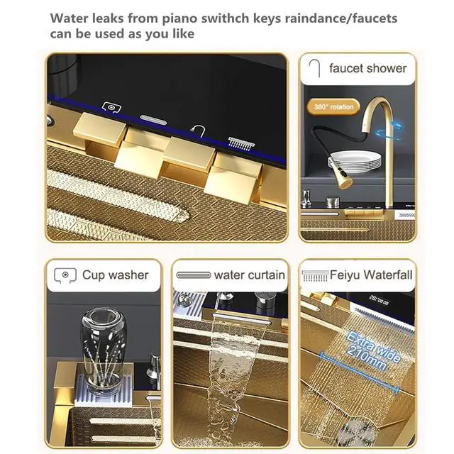 Alt view image 2 of 6 - 29.5 INCH Digital Display Embossed Stainless Steel Gold Raindance Waterfall Sink with Pressurized Cup Washer and Two Waterfalls 29.5x18 INCH