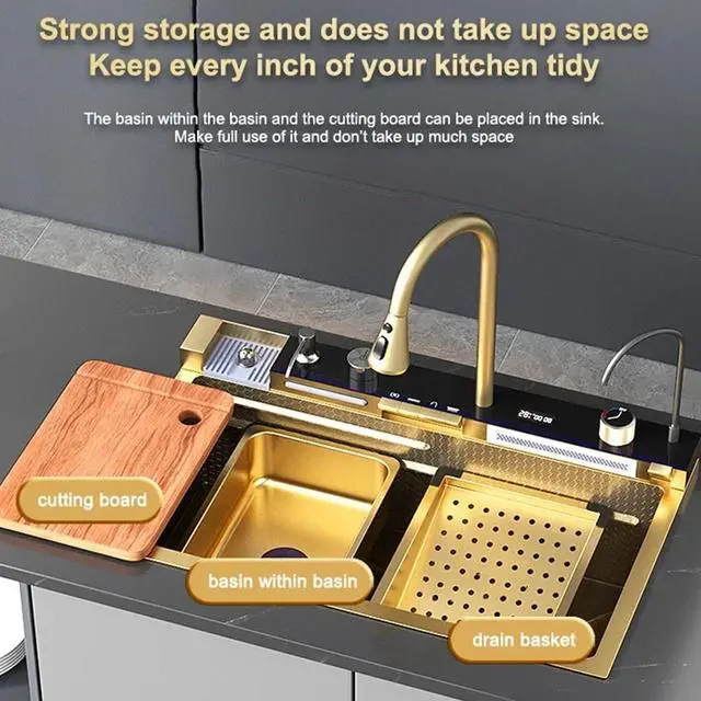 Alt view image 3 of 6 - 29.5 INCH Digital Display Embossed Stainless Steel Gold Raindance Waterfall Sink with Pressurized Cup Washer and Two Waterfalls 29.5x18 INCH