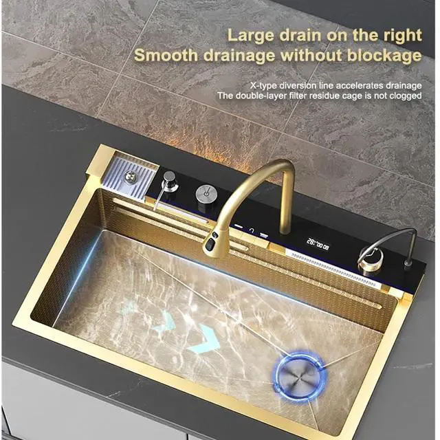 Alt view image 4 of 6 - 29.5 INCH Digital Display Embossed Stainless Steel Gold Raindance Waterfall Sink with Pressurized Cup Washer and Two Waterfalls 29.5x18 INCH