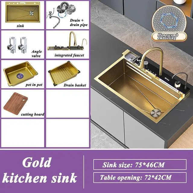Alt view image 6 of 6 - 29.5 INCH Digital Display Embossed Stainless Steel Gold Raindance Waterfall Sink with Pressurized Cup Washer and Two Waterfalls 29.5x18 INCH