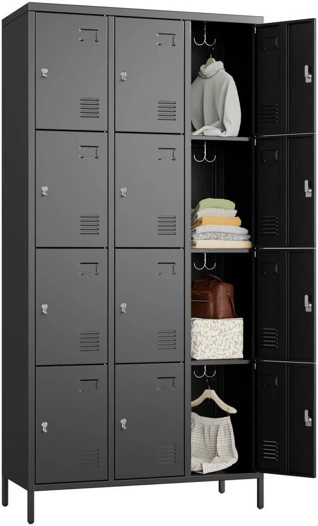 Main image of 12 Doors Metal Lockers for Employees, Steel Storage Lockers for School Office, Black, Assembly Required