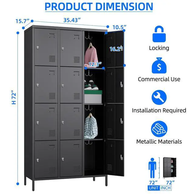 Alt view image 3 of 6 - 12 Doors Metal Lockers for Employees, Steel Storage Lockers for School Office, Black, Assembly Required