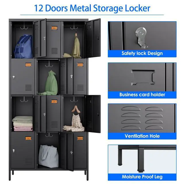 Alt view image 4 of 6 - 12 Doors Metal Lockers for Employees, Steel Storage Lockers for School Office, Black, Assembly Required
