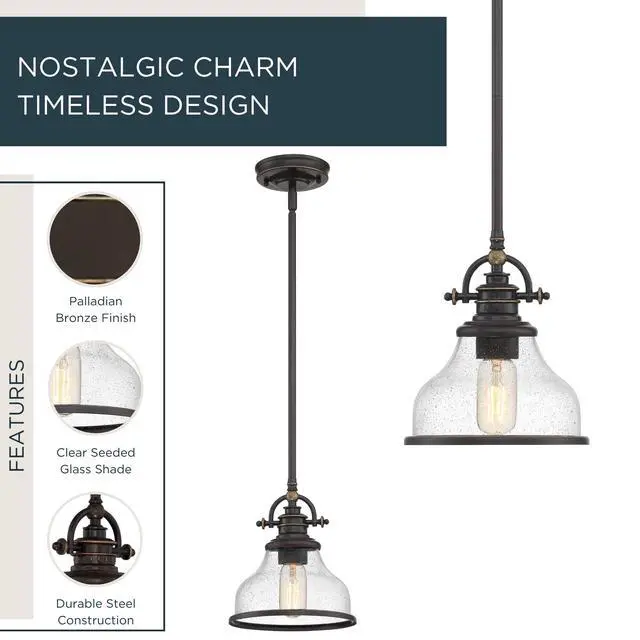Alt view image 2 of 6 - Grant 8" Mini Pendant Light, Palladian Bronze with Clear Seeded Glass, 13"48" Adjustable Height for Kitchen Island or Bar