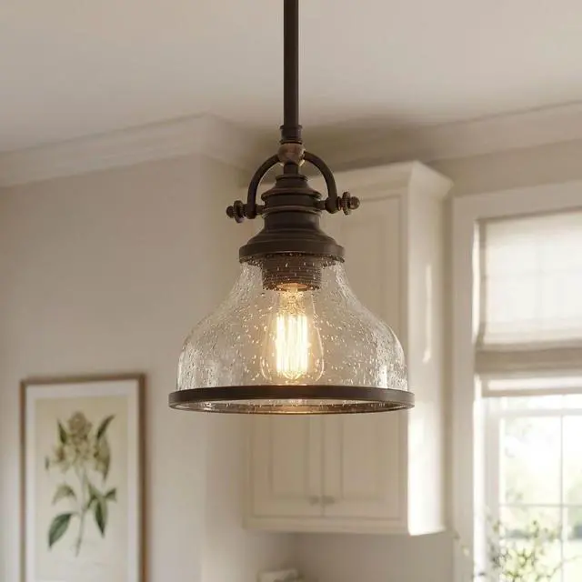 Alt view image 6 of 6 - Grant 8" Mini Pendant Light, Palladian Bronze with Clear Seeded Glass, 13"48" Adjustable Height for Kitchen Island or Bar