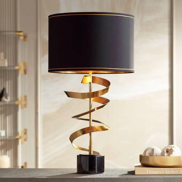 Main image of Twist Modern Table Lamp 31" Tall Sculptural Brass Gold Metal Marble Black Drum Shade with Gold Liner Decor Bedroom Living Room Nightstand Bedside Night Stand Office Kids Room