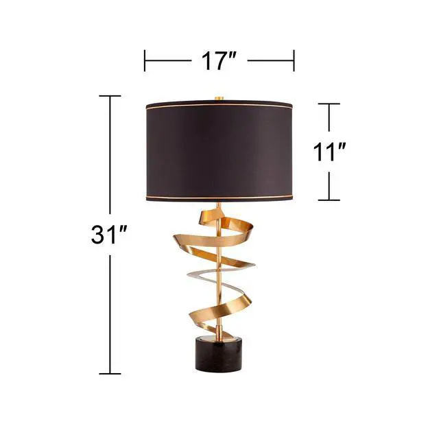Alt view image 4 of 6 - Twist Modern Table Lamp 31" Tall Sculptural Brass Gold Metal Marble Black Drum Shade with Gold Liner Decor Bedroom Living Room Nightstand Bedside Night Stand Office Kids Room