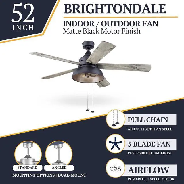 Alt view image 2 of 6 - Brightondale 52 Inch Industrial Indoor/Outdoor Ceiling Fan with Light, Pull Chain Control, 5 Dual Finish Blades, Matte Black