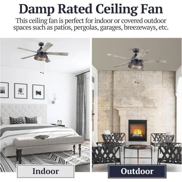 Alt view image 3 of 6 - Brightondale 52 Inch Industrial Indoor/Outdoor Ceiling Fan with Light, Pull Chain Control, 5 Dual Finish Blades, Matte Black