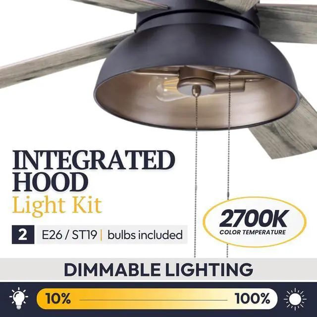 Alt view image 4 of 6 - Brightondale 52 Inch Industrial Indoor/Outdoor Ceiling Fan with Light, Pull Chain Control, 5 Dual Finish Blades, Matte Black