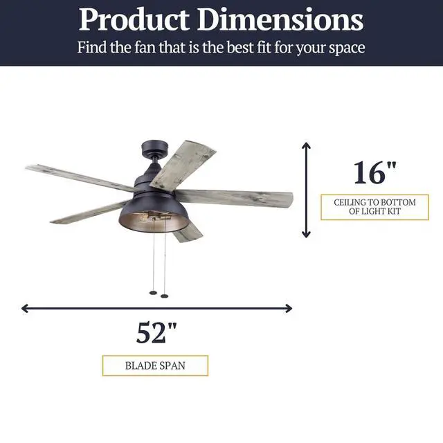 Alt view image 5 of 6 - Brightondale 52 Inch Industrial Indoor/Outdoor Ceiling Fan with Light, Pull Chain Control, 5 Dual Finish Blades, Matte Black