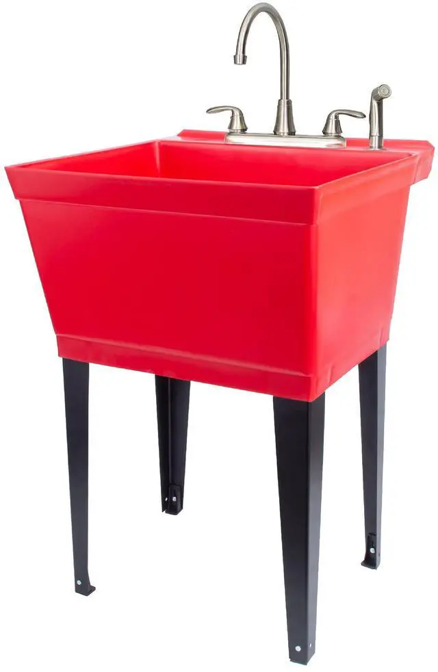 Main image of Red Utility Sink Laundry Tub with Stainless Finish Gooseneck Faucet by, Heavy Duty Slop Sinks for Basement, Laundry Room, Garage or Shop, Large Free Standing Wash Station