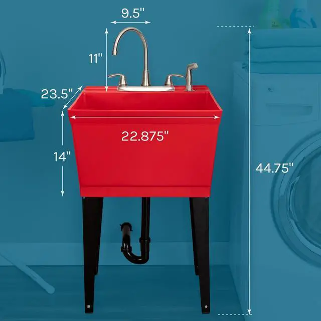 Alt view image 2 of 6 - Red Utility Sink Laundry Tub with Stainless Finish Gooseneck Faucet by, Heavy Duty Slop Sinks for Basement, Laundry Room, Garage or Shop, Large Free Standing Wash Station