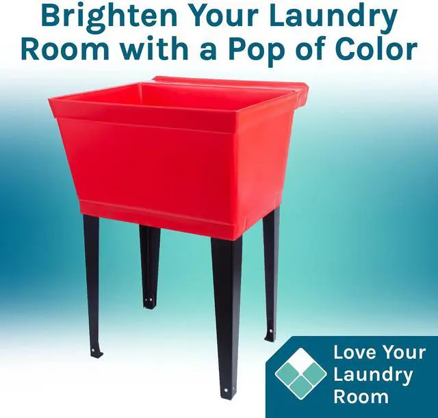 Alt view image 3 of 6 - Red Utility Sink Laundry Tub with Stainless Finish Gooseneck Faucet by, Heavy Duty Slop Sinks for Basement, Laundry Room, Garage or Shop, Large Free Standing Wash Station