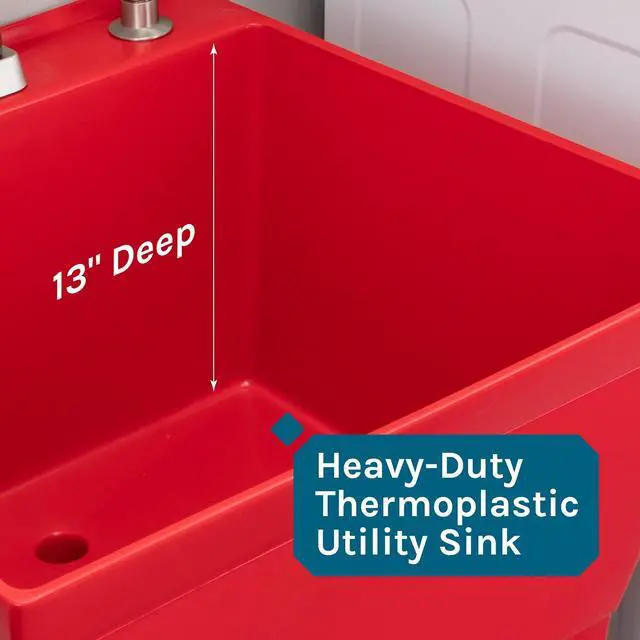 Alt view image 6 of 6 - Red Utility Sink Laundry Tub with Stainless Finish Gooseneck Faucet by, Heavy Duty Slop Sinks for Basement, Laundry Room, Garage or Shop, Large Free Standing Wash Station