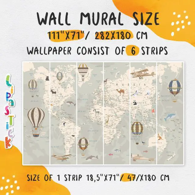 Alt view image 5 of 6 - Kids World Map Wallpaper with AnimalsPeel and Stick Educational DecalsNursery Murals for Baby, Toddlers,Boys, Kids RoomRemovable Waterproof Decor for Bedroom, Classroom,Playroom(111W x 70.8H)
