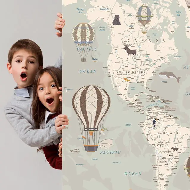 Alt view image 6 of 6 - Kids World Map Wallpaper with AnimalsPeel and Stick Educational DecalsNursery Murals for Baby, Toddlers,Boys, Kids RoomRemovable Waterproof Decor for Bedroom, Classroom,Playroom(111W x 70.8H)