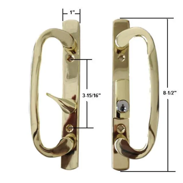 Alt view image 2 of 6 - 8.5" Legacy Sliding Patio Glass Door Offset Latch Gold Handle Set with Keys - Sash Controls 2265 Keyed Lock - Mortise Type, Fits 3-15/16" Screw Hole Spacing and 1-1/4" to 2-1/4" Door Thickness