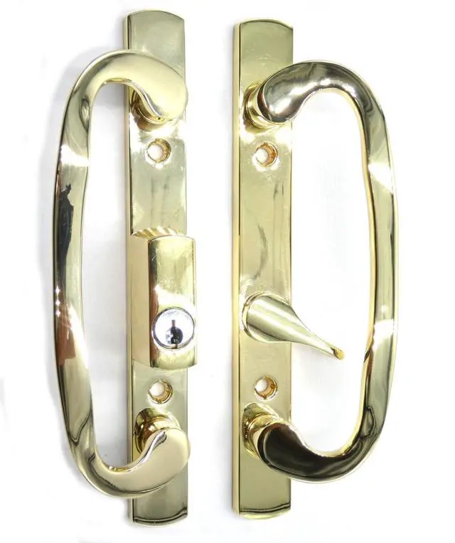 Alt view image 3 of 6 - 8.5" Legacy Sliding Patio Glass Door Offset Latch Gold Handle Set with Keys - Sash Controls 2265 Keyed Lock - Mortise Type, Fits 3-15/16" Screw Hole Spacing and 1-1/4" to 2-1/4" Door Thickness