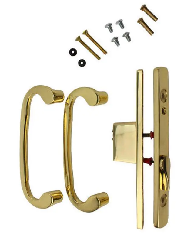 Alt view image 4 of 6 - 8.5" Legacy Sliding Patio Glass Door Offset Latch Gold Handle Set with Keys - Sash Controls 2265 Keyed Lock - Mortise Type, Fits 3-15/16" Screw Hole Spacing and 1-1/4" to 2-1/4" Door Thickness