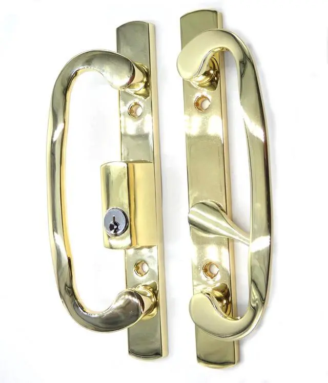Alt view image 5 of 6 - 8.5" Legacy Sliding Patio Glass Door Offset Latch Gold Handle Set with Keys - Sash Controls 2265 Keyed Lock - Mortise Type, Fits 3-15/16" Screw Hole Spacing and 1-1/4" to 2-1/4" Door Thickness
