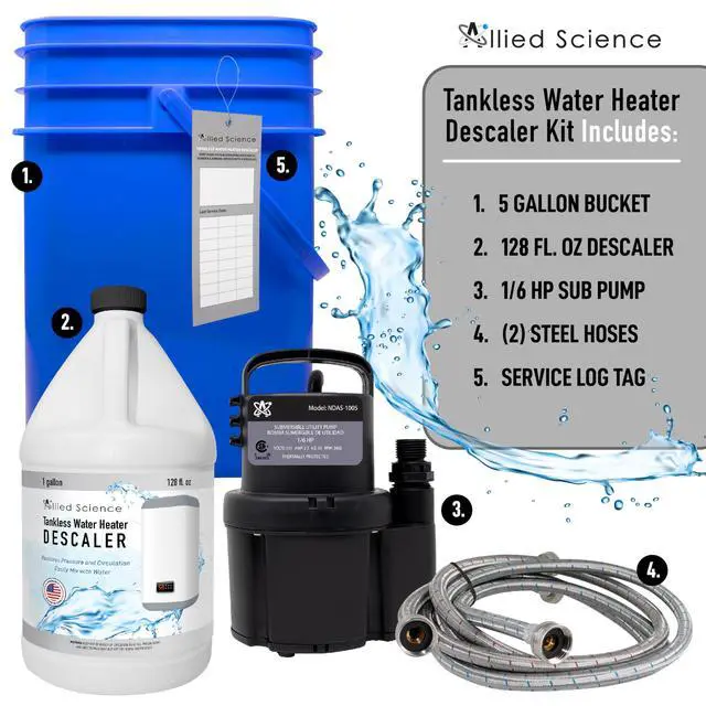 Alt view image 2 of 6 - Tankless Water Heater Flushing Kit with Square 5-Gallon Bucket, Steel Hoses, 1/6 HP Pump, and Gallon Eco-Friendly Descaler