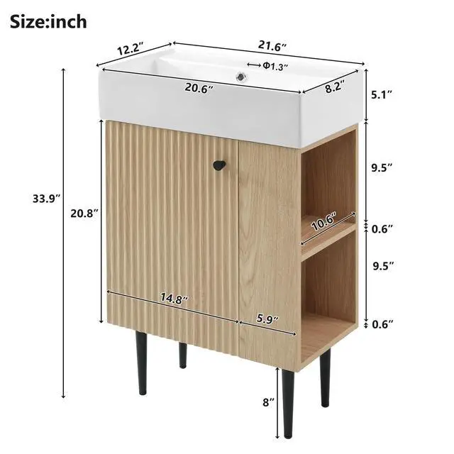 Alt view image 2 of 6 - 21.6" Small Bathroom Vanity with Sink, Narrow Depth Bathroom Vanity with Soft-Close Door & Right Side Shelf, Wooden Freestanding Bathroom Sink Cabinet with Ceramic Sink, Natural