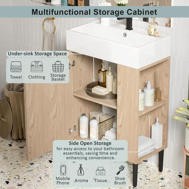 Alt view image 3 of 6 - 21.6" Small Bathroom Vanity with Sink, Narrow Depth Bathroom Vanity with Soft-Close Door & Right Side Shelf, Wooden Freestanding Bathroom Sink Cabinet with Ceramic Sink, Natural