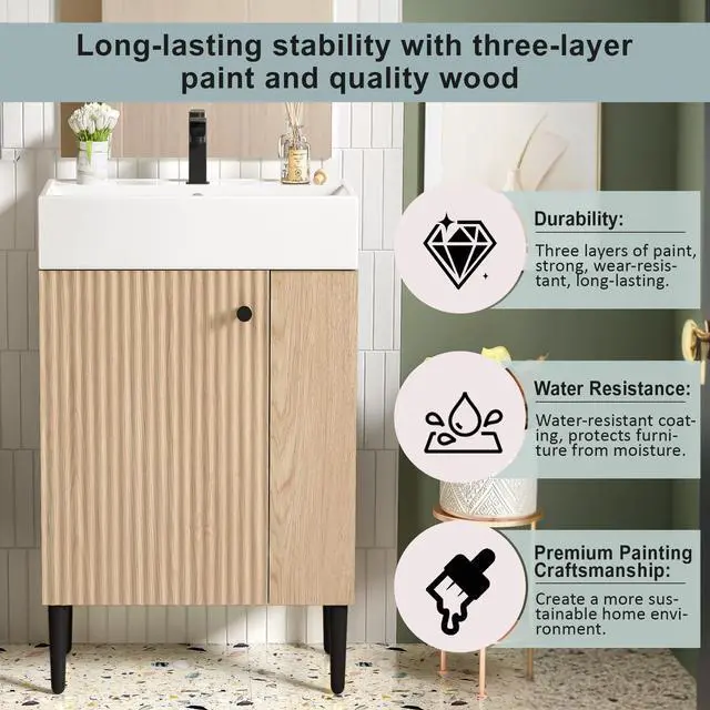 Alt view image 4 of 6 - 21.6" Small Bathroom Vanity with Sink, Narrow Depth Bathroom Vanity with Soft-Close Door & Right Side Shelf, Wooden Freestanding Bathroom Sink Cabinet with Ceramic Sink, Natural