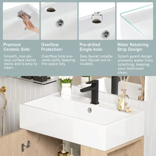 Alt view image 5 of 6 - 21.6" Small Bathroom Vanity with Sink, Narrow Depth Bathroom Vanity with Soft-Close Door & Right Side Shelf, Wooden Freestanding Bathroom Sink Cabinet with Ceramic Sink, Natural