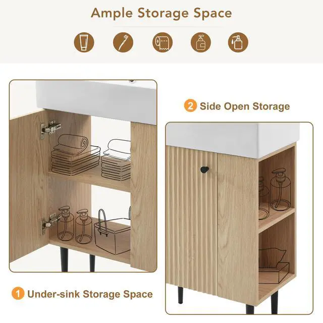 Alt view image 6 of 6 - 21.6" Small Bathroom Vanity with Sink, Narrow Depth Bathroom Vanity with Soft-Close Door & Right Side Shelf, Wooden Freestanding Bathroom Sink Cabinet with Ceramic Sink, Natural