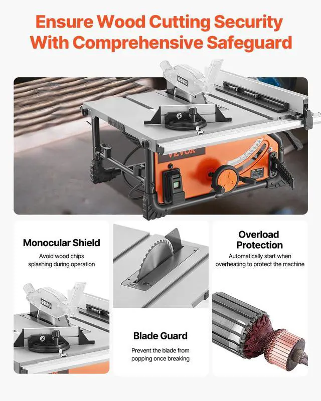 Alt view image 4 of 6 - Table Saw, 4500 RPM Portable Jobsite Table Saw with Sharp Edges & High Cutting Precision, Compact Table Saws with Dust Port For Woodworking, Fit for Raw Wood, Flooring & Cabinets