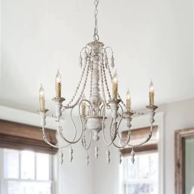 Main image of Rustic Chandelier - Farmhouse Antique White Hanging Ceiling Light Fixture French Country 6 Light Rustic for Dining Room & Kitchen Island Hallway Entryway