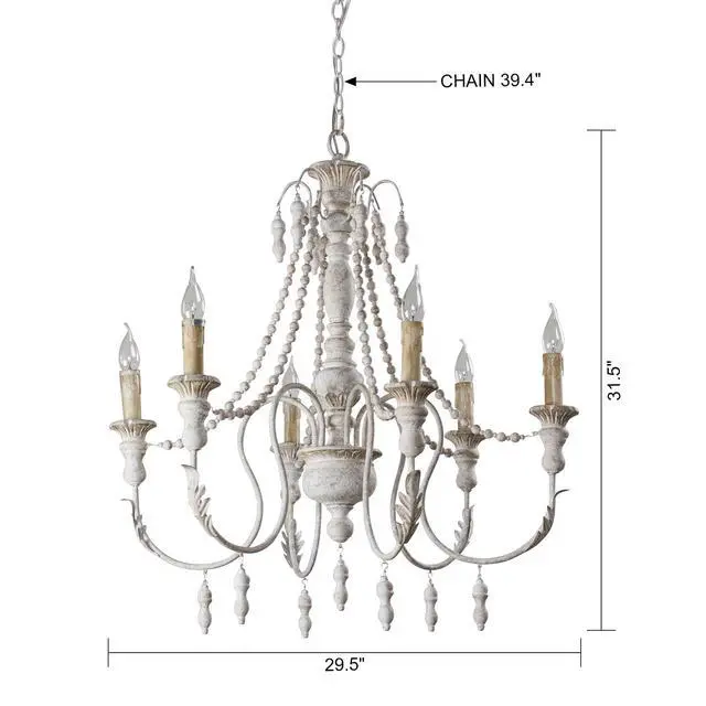 Alt view image 4 of 6 - Rustic Chandelier - Farmhouse Antique White Hanging Ceiling Light Fixture French Country 6 Light Rustic for Dining Room & Kitchen Island Hallway Entryway