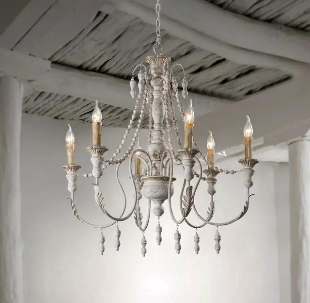 Alt view image 6 of 6 - Rustic Chandelier - Farmhouse Antique White Hanging Ceiling Light Fixture French Country 6 Light Rustic for Dining Room & Kitchen Island Hallway Entryway
