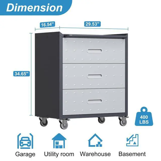 Alt view image 3 of 6 - Metal Garage Cabinet on Wheels, Heavy Duty Steel Rolling Tool Cabinets with Drawers, Mobile Tool Cart Garage Storage Cabinets for Warehouse Basement, Assembly Required