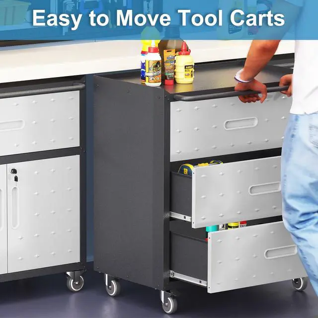 Alt view image 4 of 6 - Metal Garage Cabinet on Wheels, Heavy Duty Steel Rolling Tool Cabinets with Drawers, Mobile Tool Cart Garage Storage Cabinets for Warehouse Basement, Assembly Required