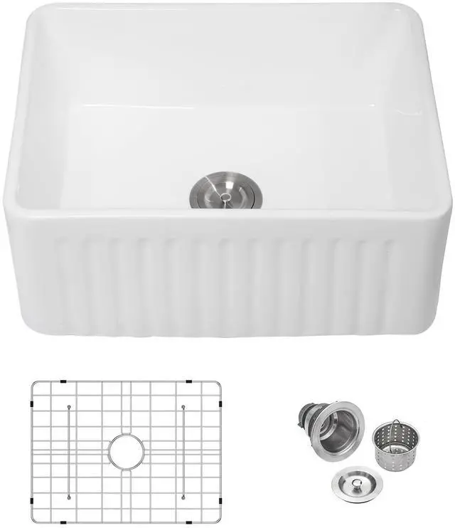 Main image of 24 Inch White Farmhouse Kitchen Sink Apron Front Farm Sink Undermount Fireclay 24 x 18 x 10 Inch Single Bowl Ceramic Sinks for Kitchen Countryside Classic Style