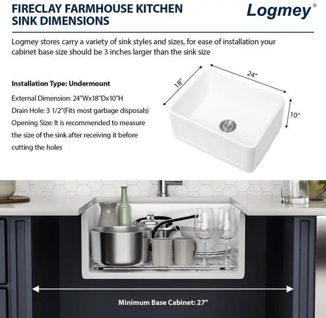 Alt view image 4 of 6 - 24 Inch White Farmhouse Kitchen Sink Apron Front Farm Sink Undermount Fireclay 24 x 18 x 10 Inch Single Bowl Ceramic Sinks for Kitchen Countryside Classic Style