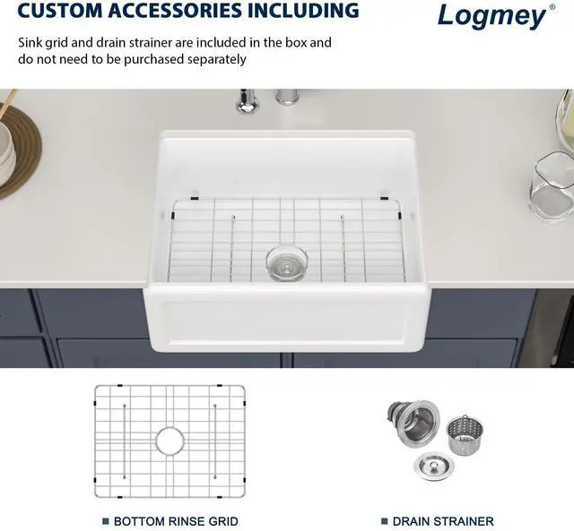 Alt view image 6 of 6 - 24 Inch White Farmhouse Kitchen Sink Apron Front Farm Sink Undermount Fireclay 24 x 18 x 10 Inch Single Bowl Ceramic Sinks for Kitchen Countryside Classic Style
