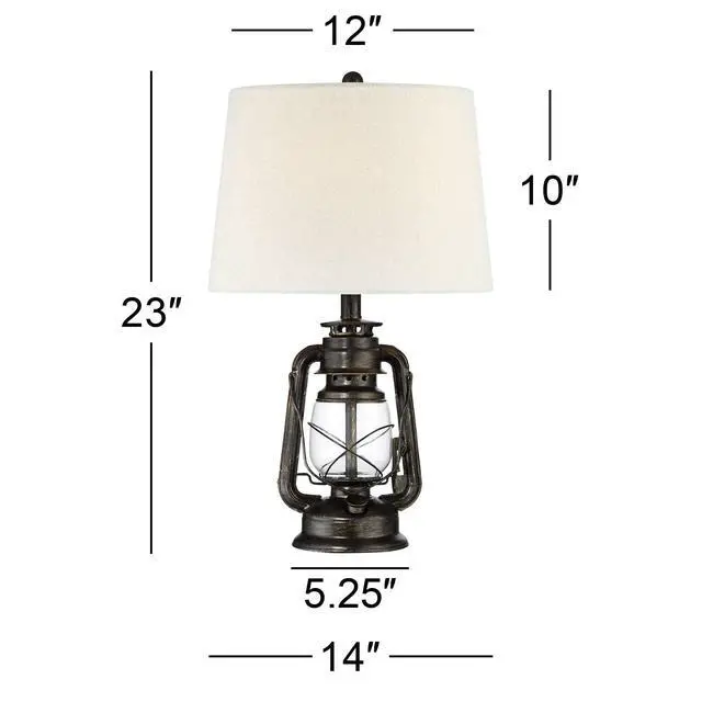 Alt view image 4 of 6 - Murphy Industrial Rustic Accent Table Lamp Miner Lantern 23" High Weathered Bronze Metal Clear Glass Oatmeal Fabric Drum Shade Decor for Living Room Bedroom House Bedside