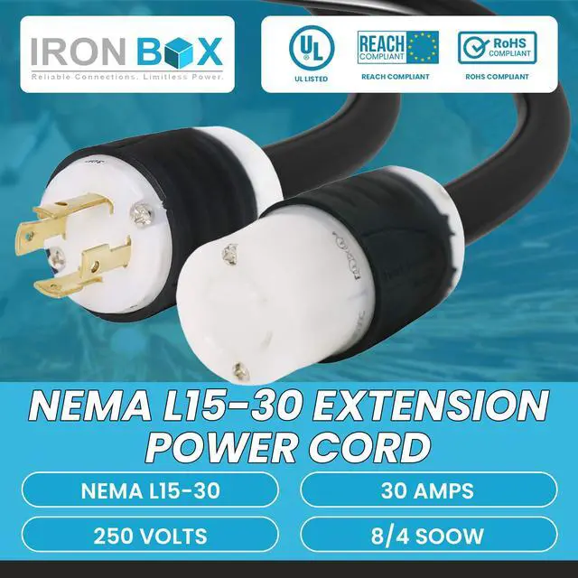 Alt view image 2 of 6 - IronBox Electric - NEMA L15-30 Extension Power Cord - Rated for 30A/250V - Heavy Duty 8/4 SOOW Cable - Power Cable for Generators, RVs, PDUs & Data Centers - Ideal for Indoor and Outdoor Use (25 Feet)
