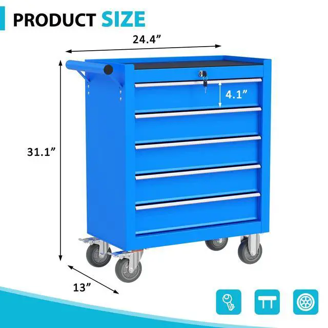 Alt view image 3 of 6 - 5 Drawers Rolling Tool Chest, Portable Storage Tool Box with Wheels, Tool Chest with Lock for Warehouse, Garage, Repair Shop and Tool Room