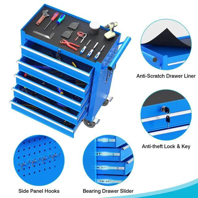 Alt view image 4 of 6 - 5 Drawers Rolling Tool Chest, Portable Storage Tool Box with Wheels, Tool Chest with Lock for Warehouse, Garage, Repair Shop and Tool Room