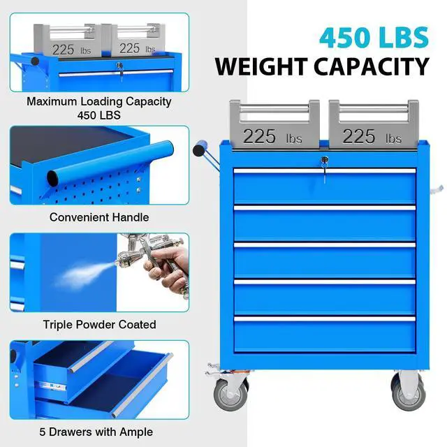 Alt view image 5 of 6 - 5 Drawers Rolling Tool Chest, Portable Storage Tool Box with Wheels, Tool Chest with Lock for Warehouse, Garage, Repair Shop and Tool Room