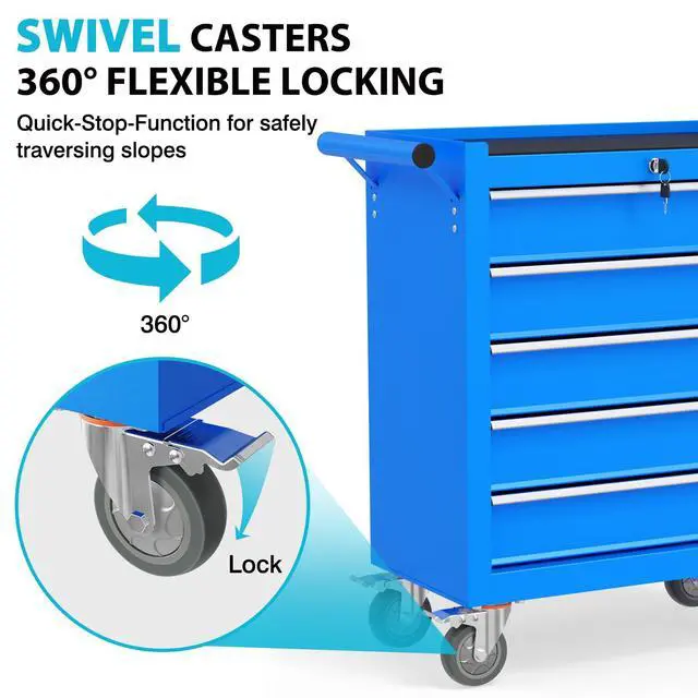 Alt view image 6 of 6 - 5 Drawers Rolling Tool Chest, Portable Storage Tool Box with Wheels, Tool Chest with Lock for Warehouse, Garage, Repair Shop and Tool Room