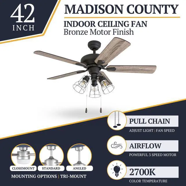 Alt view image 3 of 6 - Madison County, 42 Inch Industrial Style LED Ceiling Fan with Light, Pull Chain, Three Mounting Options, Modern Dual Finish Blades, Reversible Motor - 50588-01 (Bronze)